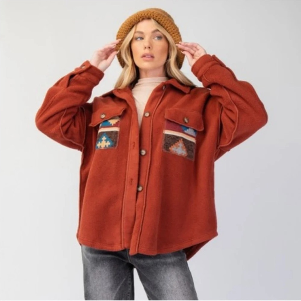 Easel Rust Button Fleece Shacket